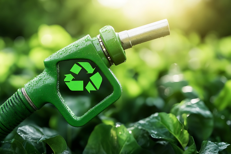 Biopaliwa 03092025 zielona pompa paliwa z symbolem recyklingu800px